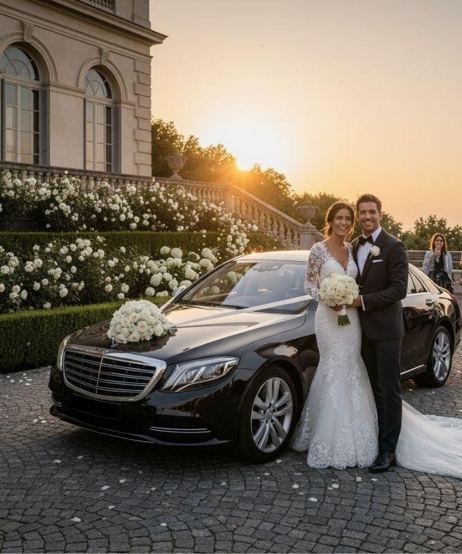 Wedding couple beside chauffeur car Melbourne